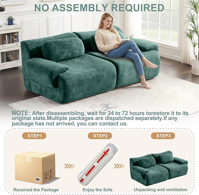 Multiple Modular Boneless Couches for Living Room Cloud Sectional Sofa with Comfy Deep Seat Oversized Loveseat Couch for Bedroom Apartment No Assembly 2 Modules Combined Dark Green