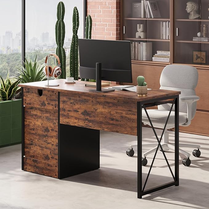 Bestier 47 Computer Desk with Drawers Home Office Desk with Keyboard Tray Reversible Industrial Office Desk with Storage Cabinet for Small Space Home Office &amp Studio Rustic Brown