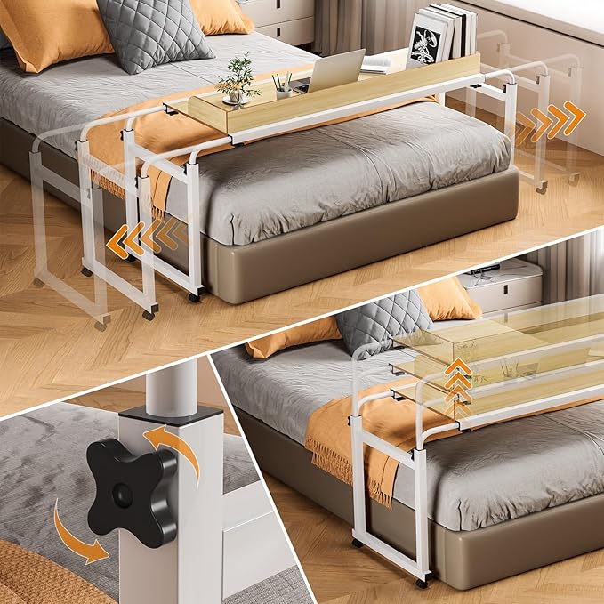 Adjustable Bed Table (47.2-82.7 Stretchy) - 25.6-37.4 Height Adjustable Overbed Desk with Lockable Wheels Raised Baffle for Single/Double Beds (Wooden Color-120 * 40cm)