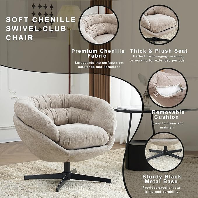 GDFStudio 360° Swivel Club ChairChenille Upholstered Accent Chair with Removable Cushion Round Office Chair with Black Metal BaseModern Reading Chair for Living Room Bedroom Office 27.5 H Brown