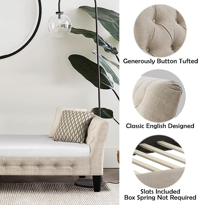 Rosevera Jamie Modern Upholstered Frame Button Tufted Fine Polyester Easy aseemble with Wooden Legs Twin Size Daybed Sleeper Couch for Living Room Bedroom Standard Warm Beige