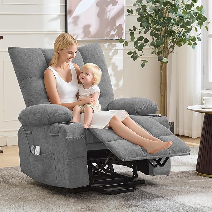 GarveeHome Power Lift Recliner Chair for Elderly with Massage and Heat Oversized Electric Massage &amp Heat Recliner with Soft Padded Upholstery Side Pocket &amp Cup Holders for Living Room Gray