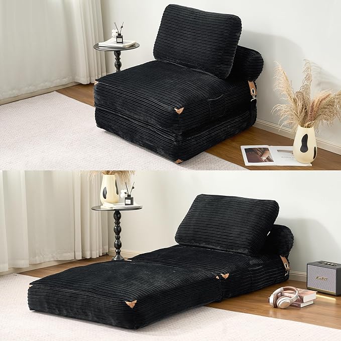 Folding Sofa BedComfy Sleeper Chair Foldable Mattress with Pillow &amp Back SupportPortable Fold Out Chair Bed Floor Convertible Lounge Sofa Couch for Living Room Bedroom (Black)
