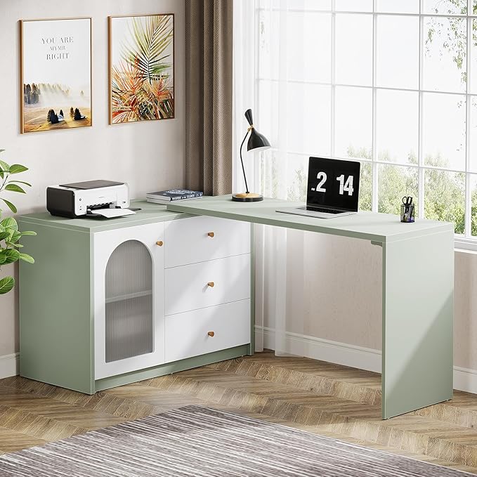 Tribesigns L-Shaped Computer Desk with Drawers Modern Corner Home Office Desk with Reversible Storage Cabinet Long Study Writing Desk Workstation for Home Office Cyan &amp White