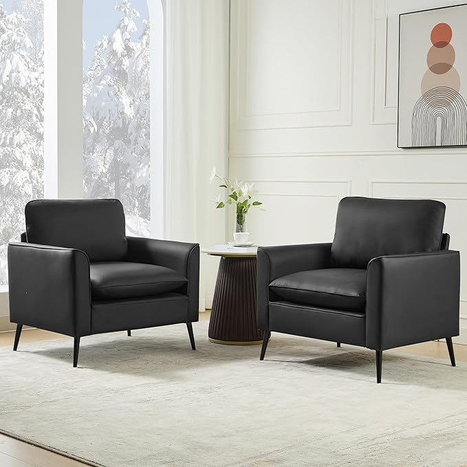 TYBOATLE Accent Chairs Set of 2 Black Leather Accent Chair Comfy Living Room Chair Cozy Reading Sitting Chair Mid Century Modern Accent Chairs Arm Reception Chairs Office Furniture