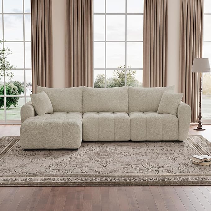 110 L Shaped Modern Boucle Sofa Modular Sectional Cloud Couch with Ottoman Tufted 4-Seat Deep Seat Sofa with Pillows for Living Room Bedroom and Apartment Beige White