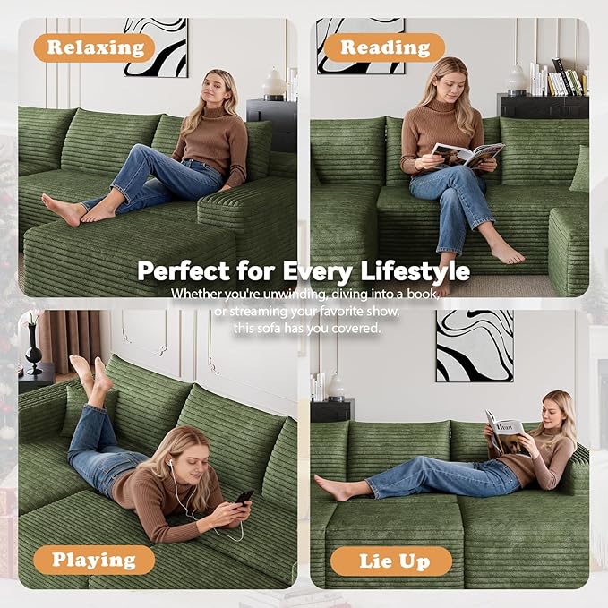 94 U-Shaped Cloud Sectional Couch Comfy Corduroy Boneless Couches with Deep Seat Fluffy Modular Sectional Sofa for Living Room No Assembly (Green 94 2S+Right Facing Chaise+2 Ottoman)