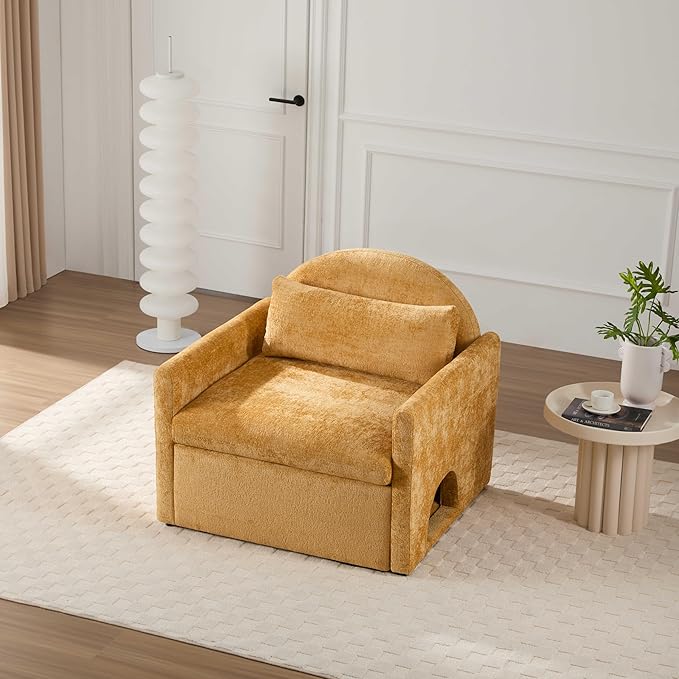 Single Sofa ChairModern Chenille ArmchairLounge Chair with Cat DedYellow Chairs for Living Room BedroomRemovable Washable Covers