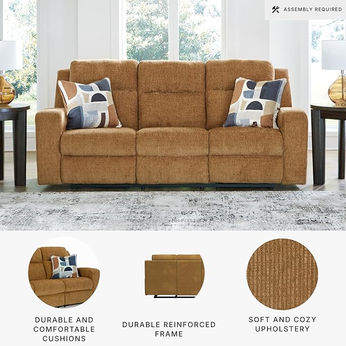 Signature Design by Ashley Kanlow Contemporary Manual Reclining Sofa with 2 Accent Pillows Light Brown