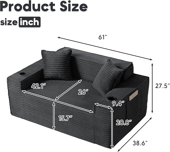 Boneless Sectional Sofa Couch with Cup Holders &amp Side Pockets Modern Corduroy Fabric Deep Seat Loveseat Cloud Couch for Living Room Office No Assembly (Grey)