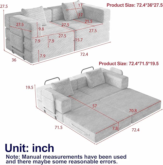 KINFFICT 72 inch Sectional Sleeper Sofa Modular Futon Folding Loveseat Floor Sofa Bed Convertible Comfy Corduroy Memory Foam Couch Bed with Side Pockets for Guest Room Bedroom Living Room Beige