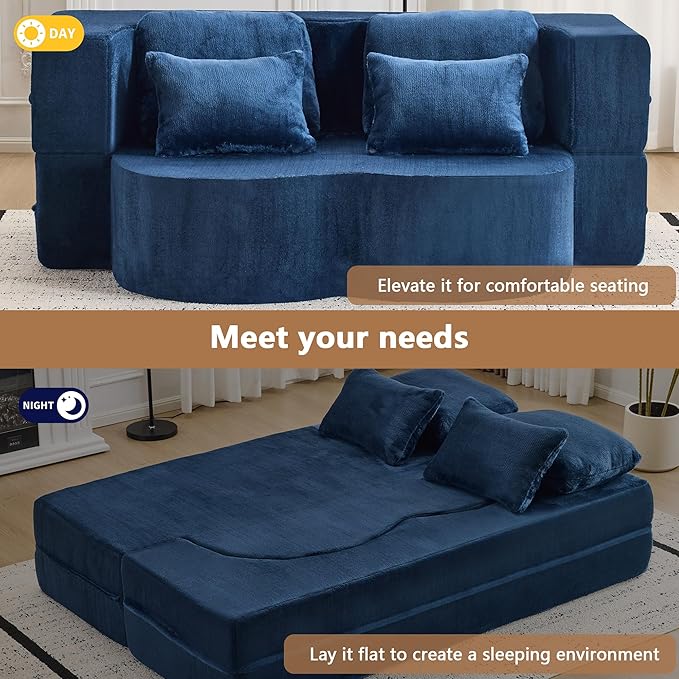 2-in-1 Folding Sofa Bed with Pillow No Assembly Futon Twin Size Sofa Bed Breathable Velvet Convertible Couch Bed for Living Room and Guest Room 78.7 Inch Blue