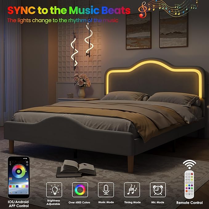 IDEALHOUSE Queen Size Bed Frame with LED Lights Velvet Upholstered Platform Bed with Adjustable Headboard for Kids/Girls Wooden Slats Support No Box Spring Needed Gray