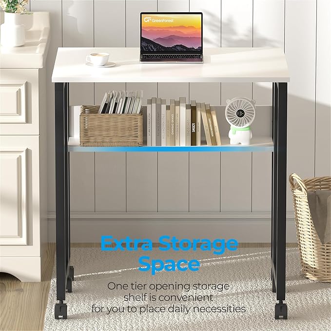 GreenForest Folding Desk Small Rolling Desk with Storage Shelf 24.8 inch Foldable Computer Desk with Wheels for Small Space Easy AssemblyWhite