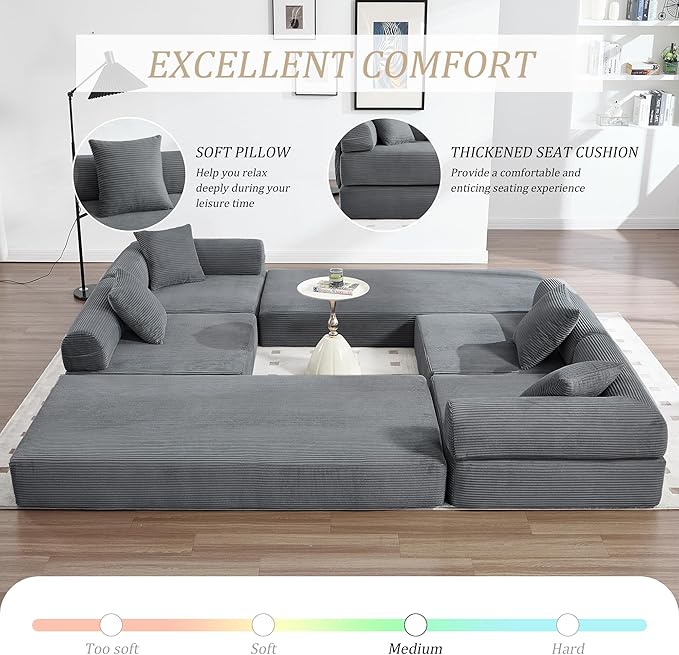 106 Oversized Convertible Sleeper Sofa Bed Corduroy L Shape Sectional Couch Folding Sofa Bed with Side Pocket Modern Cloud Floor Mattress Couch Modular Sofa for Living Room Gray