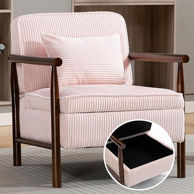 Pink Accent Chair with Storage 24 W Mid Century Modern Chair with Cushion Upholstered Corduroy Reading Chair with Wooden Legs Comfy Arm Chairs for Living Room Bedroom (Pink)