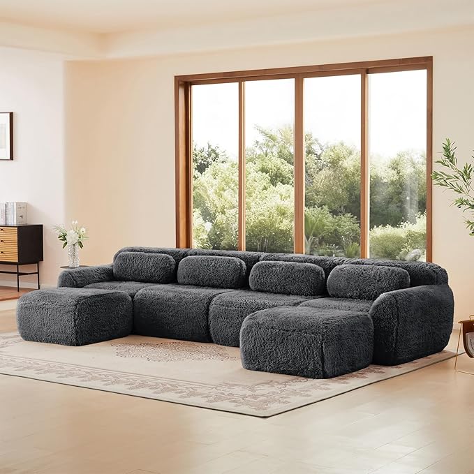 149 Sectional Couches for Living Room Comfy Boneless Couch 4 Seater Cloud Sofa Compressed U Shaped Couch with 2 Ottomans Modern Modular Sectional Plush Floor Sofa No Assembly (Grey)