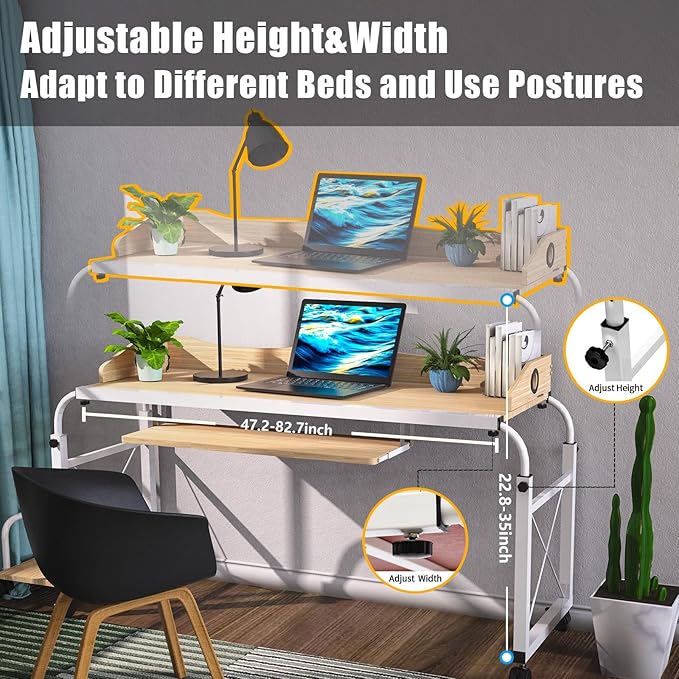Mobile Stretchable DeskHeight&ampWidth Adjustable Laptop Desk with Wheels Storage Desk Home Office Computer Workstation Portable Rolling Table Laptop Cart for SittingWhite