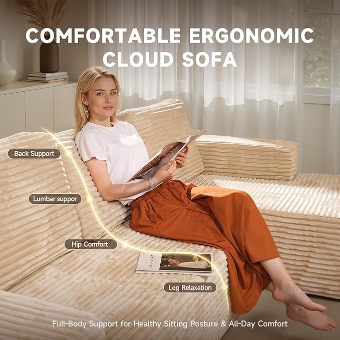 106″ Modular Sectional Sofa L-Shaped Chaise Lounge Cloud Couch with Deep Seat Convertible Boneless Sectional Couches for Living Room No Assembly Required Beige Plush Corduroy