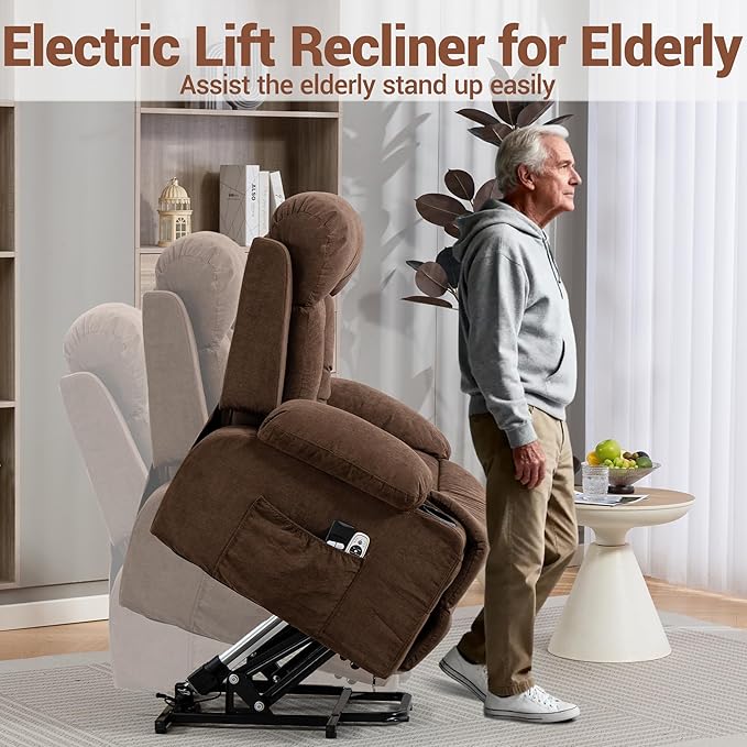 Power Lift Recliner Chair for Elderly People w/Vibration Massage and Lumbar Heat Oversized Recliner Chair Sofa for Adult with Cup Holder USB Charge Port for Living Room Bedroom Brown
