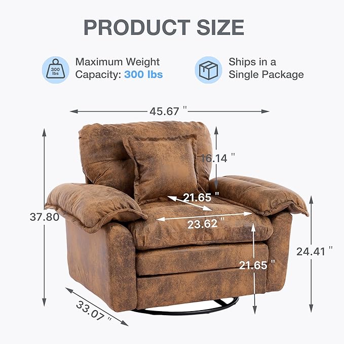 360° Swivel Accent Chair Oversized Plush Modern Suede Armchair with Padded Seat &amp Back Comfy Spinning Chair for Living Room Bedroom Office (Brown)