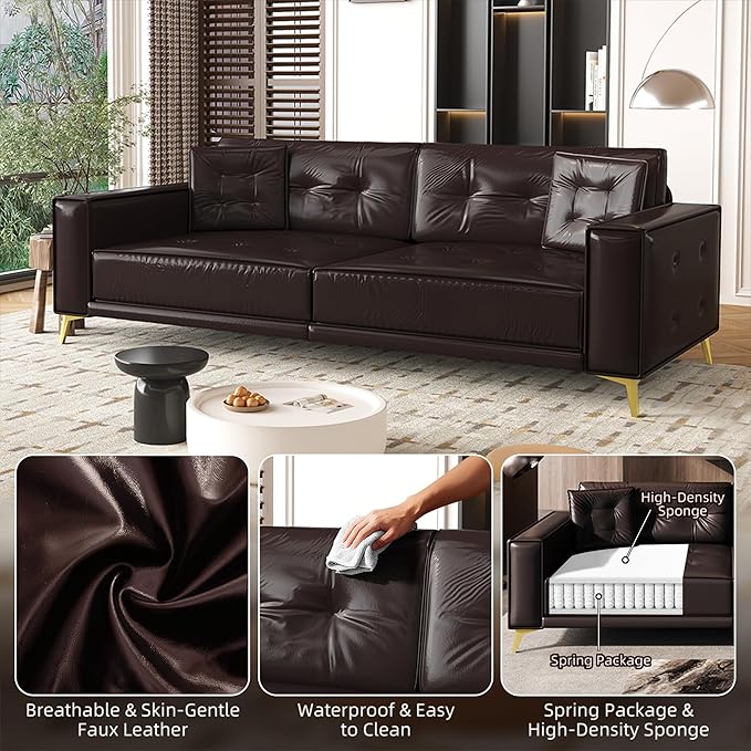 92.1'' King Pull Out Sofa Bed Convertible Futon Couch 3-in-1 Faux Leather Sleeper Sofa with Tufted Back 2 Pillows Gold Legs Deep Folding Loveseat for Living Room Apartment Dark Brown