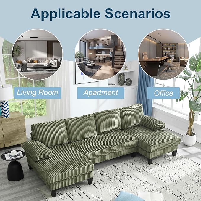 114 Cloud Couch Modular Sectional Sofa Convertible U-Shaped Couch with Double Chaise Lounge Corduroy Upholstery Sofa Double Cushions Deep Seat Sleeper Sofas Couches for Living Room Green
