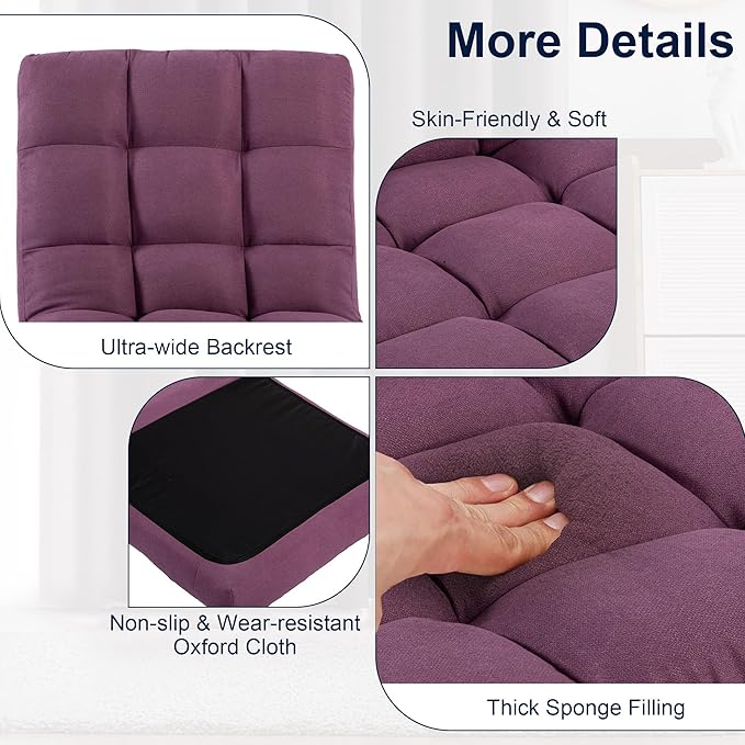 Folding Floor Chair with Back Support Adjust Lay Flat Recliner Oversized Lounge Wide Lazy Boy Gaming Ergonomic Single Sofa Seat for Living Room Bedroom(Purple)