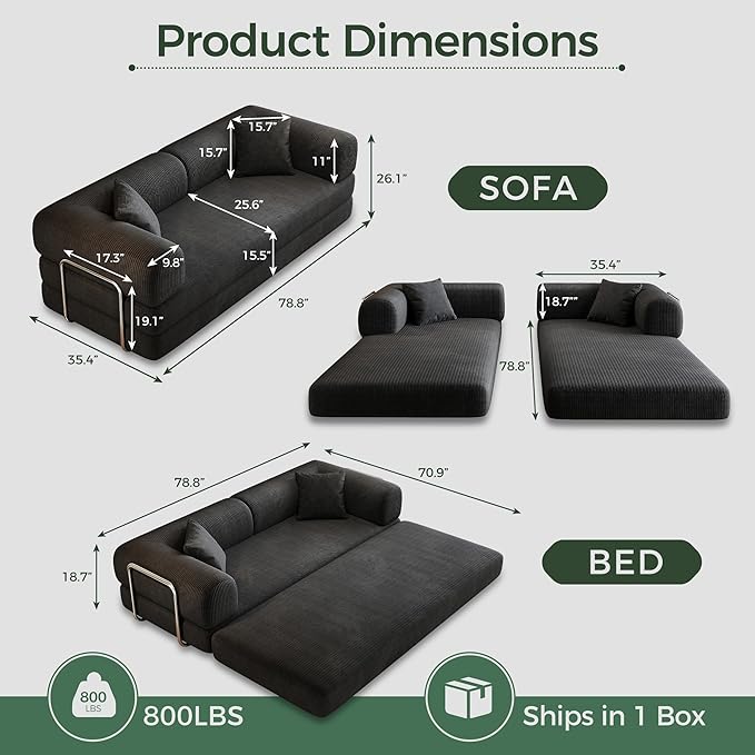 78.5'' Convertible Folding Sofa Bed – 4-in-1 Modular Floor Couch Corduroy Small Cloud Couch Compressed Foldable Sleeper Sofa King Size Futon for Bedroom Guest Room (Black-02)