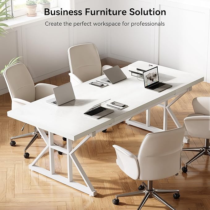 LITTLE TREE 70.8-Inch Large Executive Desk Extra Long Computer Office Desk Workstation Modern Simple Style Laptop Table Sturdy Wooden Writing Workstation for Home White