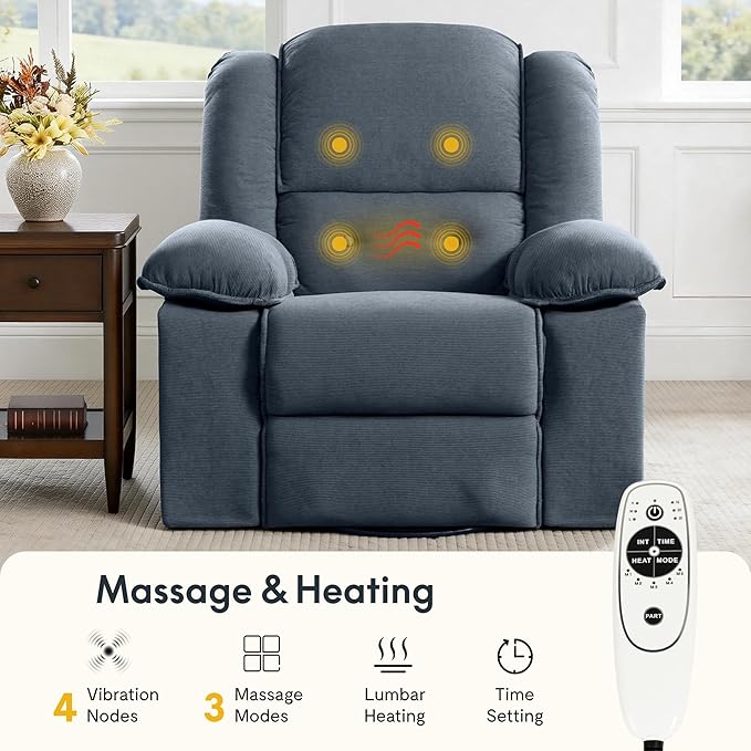 Softa Swivel Rocker Recliner Chair for Adults with Massage &amp Heat 360° Swivel Manual Glider Recliner with Side Pocket Compact Living Room Apartment Reclining Chair (Blue-Grey)