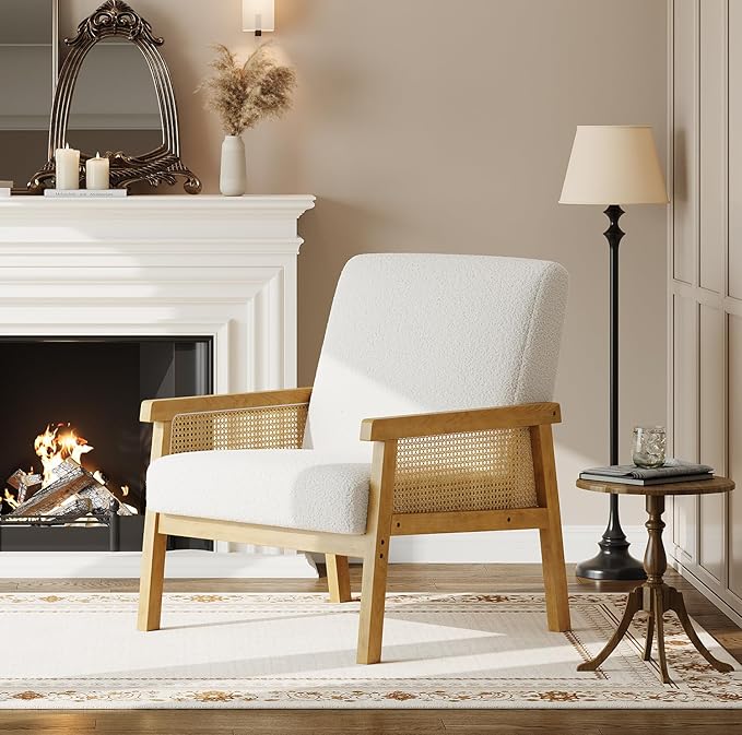 GAOMON Mid Century Boucle Fabric Accent Chair Rattan Armchair with Wooden Armrest and Legs Modern Lounge Chair for Living Room/Bedroom/Reading Room/Waiting Room Ivory