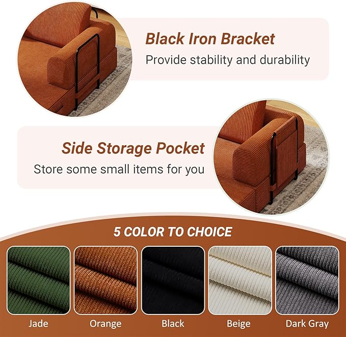 All-in-1 Folding Convertible Sofa Bed Boneless Futon Floor Couch Corduroy Fold Out Modular Lounge Comfy Loveseat Sleeper Lazy Cama for Living Room Bedroom Guestroom Orange（Narrow Stripes）