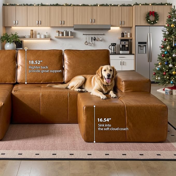 37 Faux Leather Modern Modular Sectional Sofa Footrest &amp Extra Seat Cloud Couch No-Assembly Living Room Couch Brown