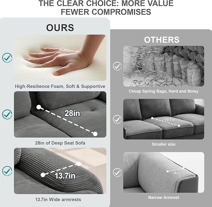 117.3 L-Shaped Cloud Couch Modular Sectional Sofa - Boneless Deep Seat 3-Seater with Movable Ottoman No Assembly Corduroy Upholstery Couches for Living Room (Grey)