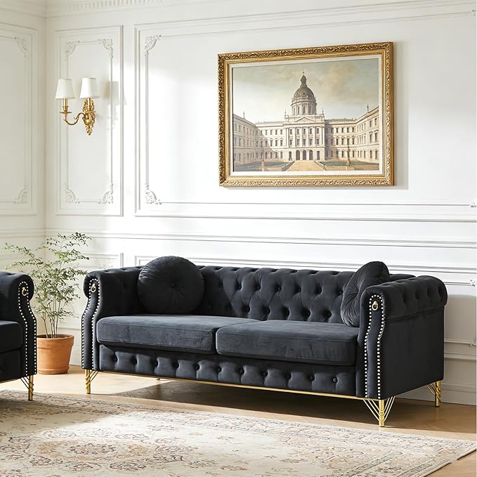 2 Pieces Chesterfield Sofa Set 2 &amp 3 Seater Comfy Tufted Velvet Couch with Rolled Arms &amp Pillows Mid Century Modern Couch and Loveseat Sets Retro Gold Couches Living Room Furniture (Black)