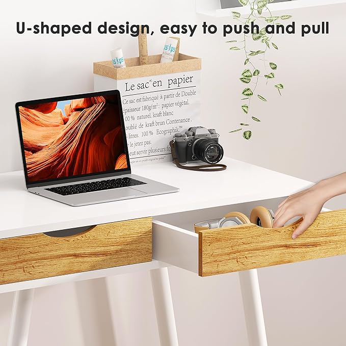 soges Mid Century Computer Desk with Drawers 31.5 Inches Home Office Computer Desk for Small Space 2-Drawer Multifunctional Study Writing Desk White