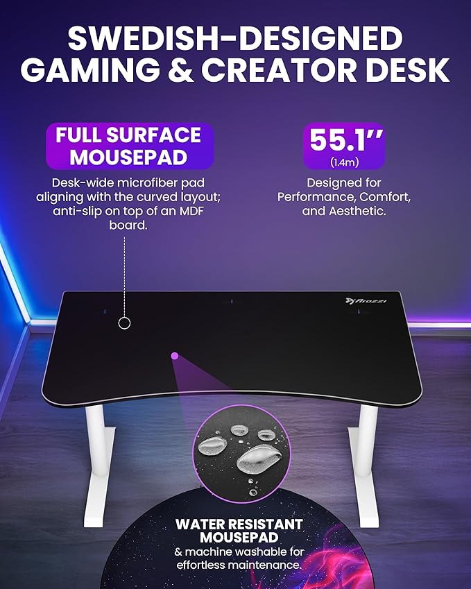 Arozzi Arena Medium Gamer Desk - 55x30” Steel Frame PC Gaming Desk with Storage for Cables &amp Dual-Monitor Support - Full-Surface Washable Mousepad - White