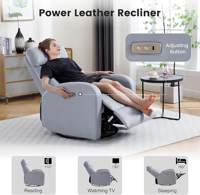 Power Swivel Rocker Recliner Faux Leather Rocking Recliner Chair with USB Port Swivel Glider Reclining Chair Nursery Recliners for Living Room Grey