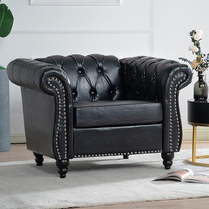 39 Chesterfield Fabric Single Sofa FurnitureUpholstered Sofa with Tufted BackRoll Arm Classic Chesterfield Settee Couches for Living RoomOffice (Black + PU)