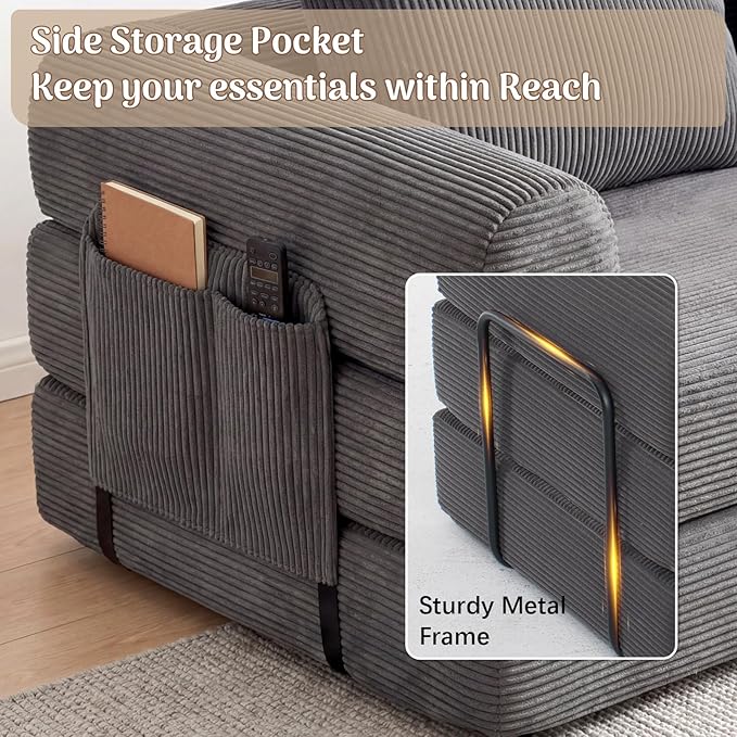 Redlife 78 Folding Sofa Bed with Ottoman Modular Loveseat Sleeper Couch Convertible Floor Sofa Corduroy Fabric Wide Armrests 28.3 Deep Seat Removable Covers &amp Side Pocket No Assembly Gra