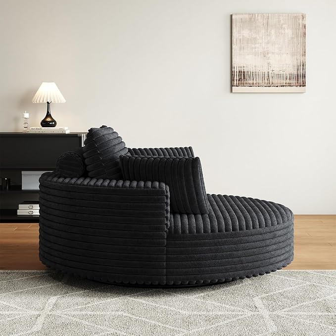 360-Degree Oversized Swivel Chair Modern Round Circle Corduroy Comfy Deep Seat Swivel Accent Chaise Lounge Sofa Chair with Back Cushion &amp 2 Throw Pillows for Living Room Bedroom Office Black