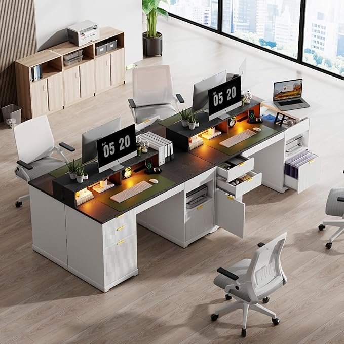 Fluted Desk with Drawers 63 Home Office Executive Desk with Lift Top Filing Cabinet Gaming Desk Charging Station Sensor Lights Computer Table with Monitor Stand White