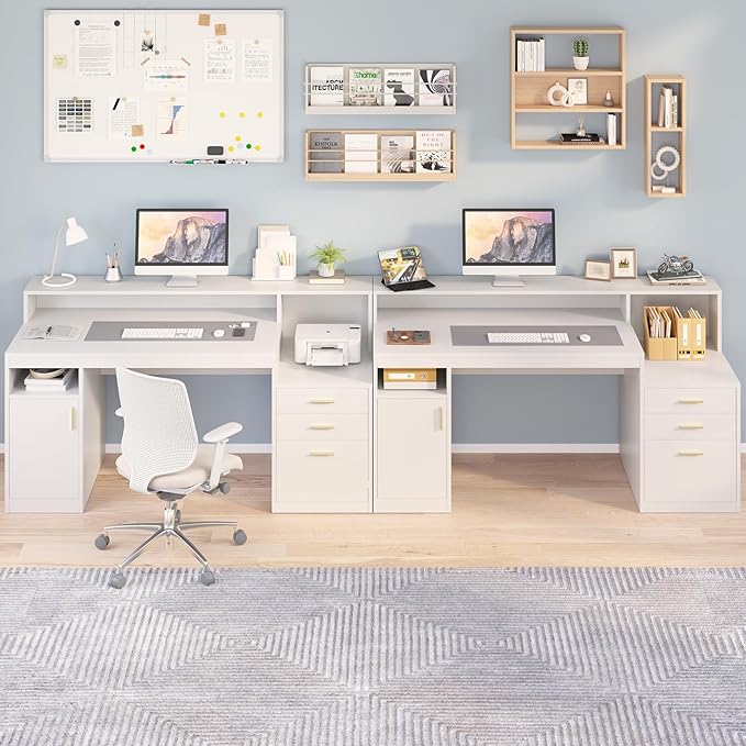 Computer Desk with 3 Drawer &amp Storage Shelves Home Office Desk with File Drawer &amp Cabinet Writing Study Table with Long Monitor Stand &amp Printer Shelf Executive Desk White