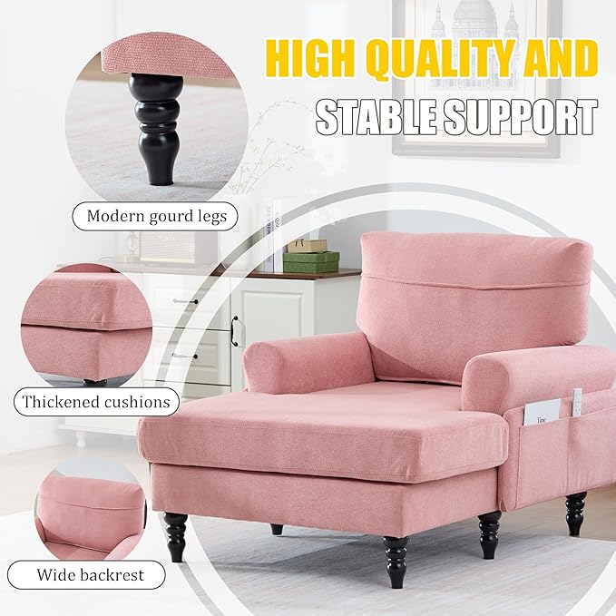 KEIKI Chaise Lounge Chair Indoor Oversized Accent Chenille Armchair with Storage Leisure Sleeper Single Sofa Side Chair Corner Recliner Arm Chairs for Living Room Reading Easy Assembly Pink
