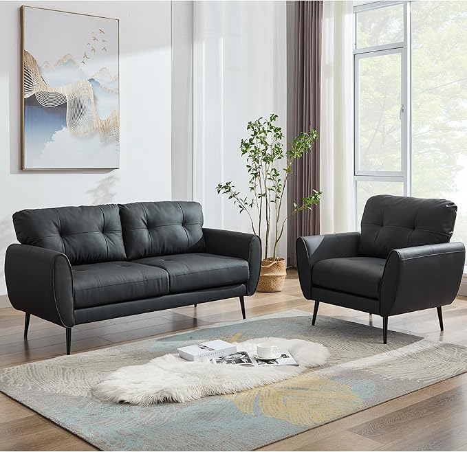 TYBOATLE Sofa Couch 61 Small Loveseat Couches for Living Room Leather Couch Mid Century Modern Tufted Mini Sofa Comfy Office 2 Seat Settee Love Seat for Small Spaces Bedroom (2 Black)