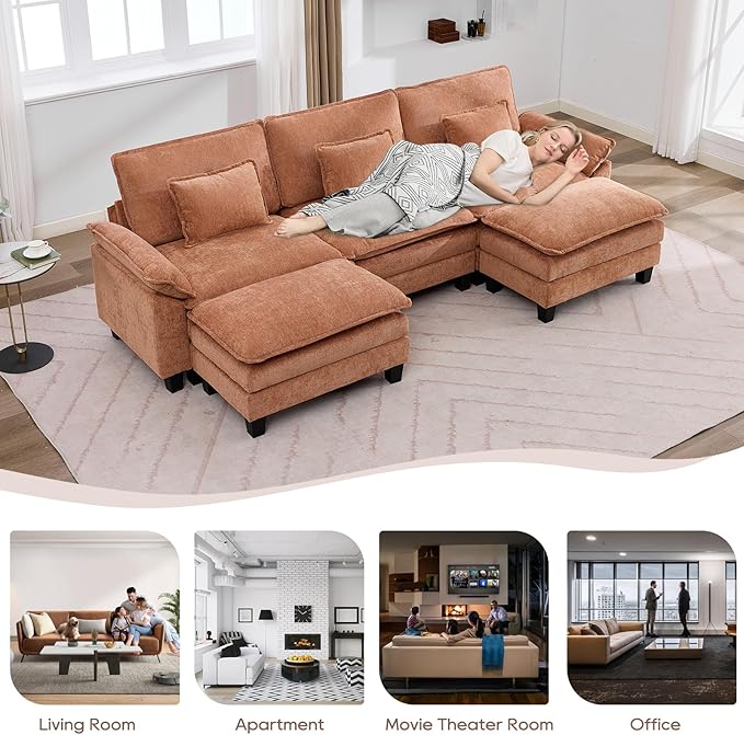 IPKIG 117 Modular Sectional Sofa Chenille U-Shaped Sectional Couch Comfy Upholstered 3 Seat Sofa with 2 Ottoman Deep Seat Cloud Couch Sofa for Living Room Orange | 2 Layer Cushion Cloud Couch Mo