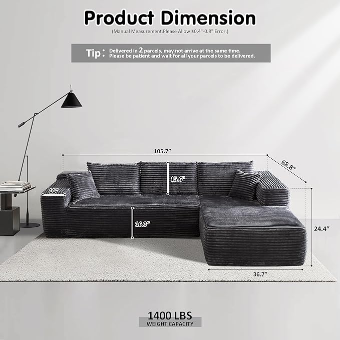 ovios 104 Cloud Sectional Couch with L-Shape ChaiseModern Modular Sofa with Deep Seat Upholstered Couches for Living Room BedroomNo Assembly Required Grey (Plush Corduroy Fabric)