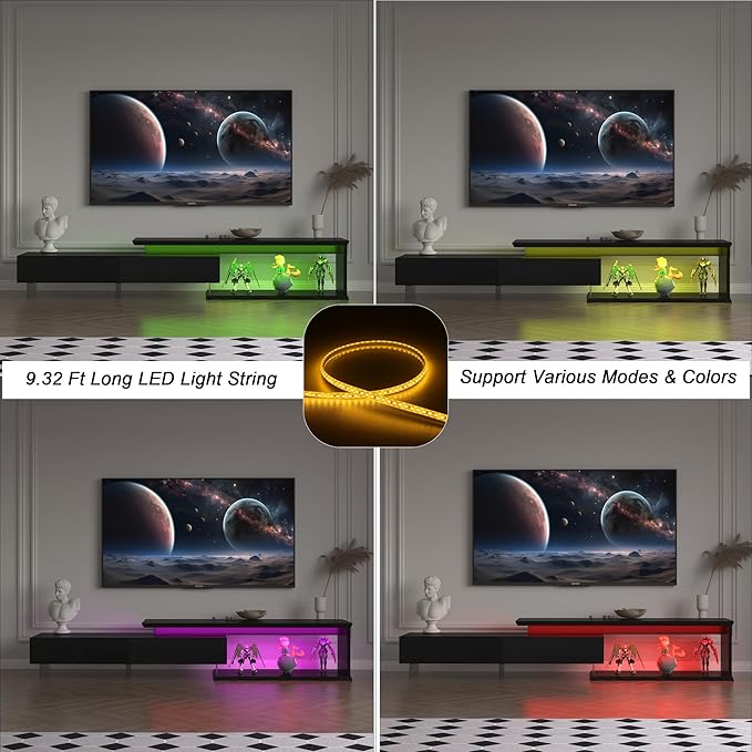 LED TV Stand for 55–90 Inch TVs Extendable Entertainment Center with LED Lights Modern TV Console with Storage Stylish Design TV Cabinet with 2 Pull-Down Doors Media Shelf for Living Room Black