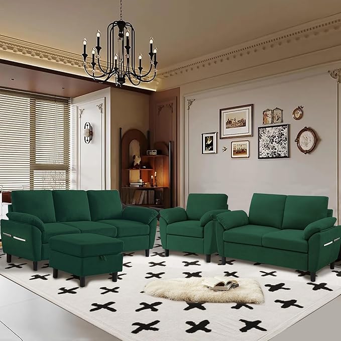 3 Pieces Sectional Sofa Set 79 Modern L Shaped Couch &amp 57 Loveseat &amp 35 Accent Chair Linen Upholstered Sofa Set with Movable Ottoman Couches for Living Room Apartment Green